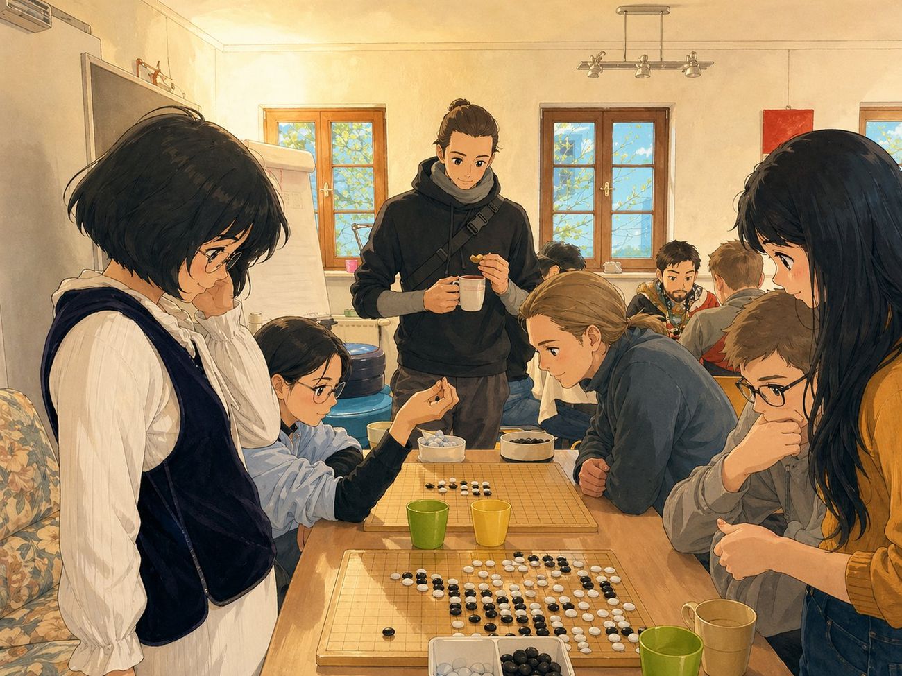 Illustration: Brettspielrunde im Vereinsraum – Austausch zwischen den Kulturen